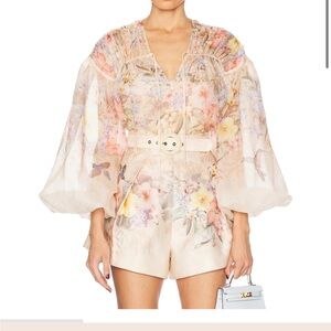 Zimmermann Floral Illuminate High Waist Shorts - Cream and Pink
